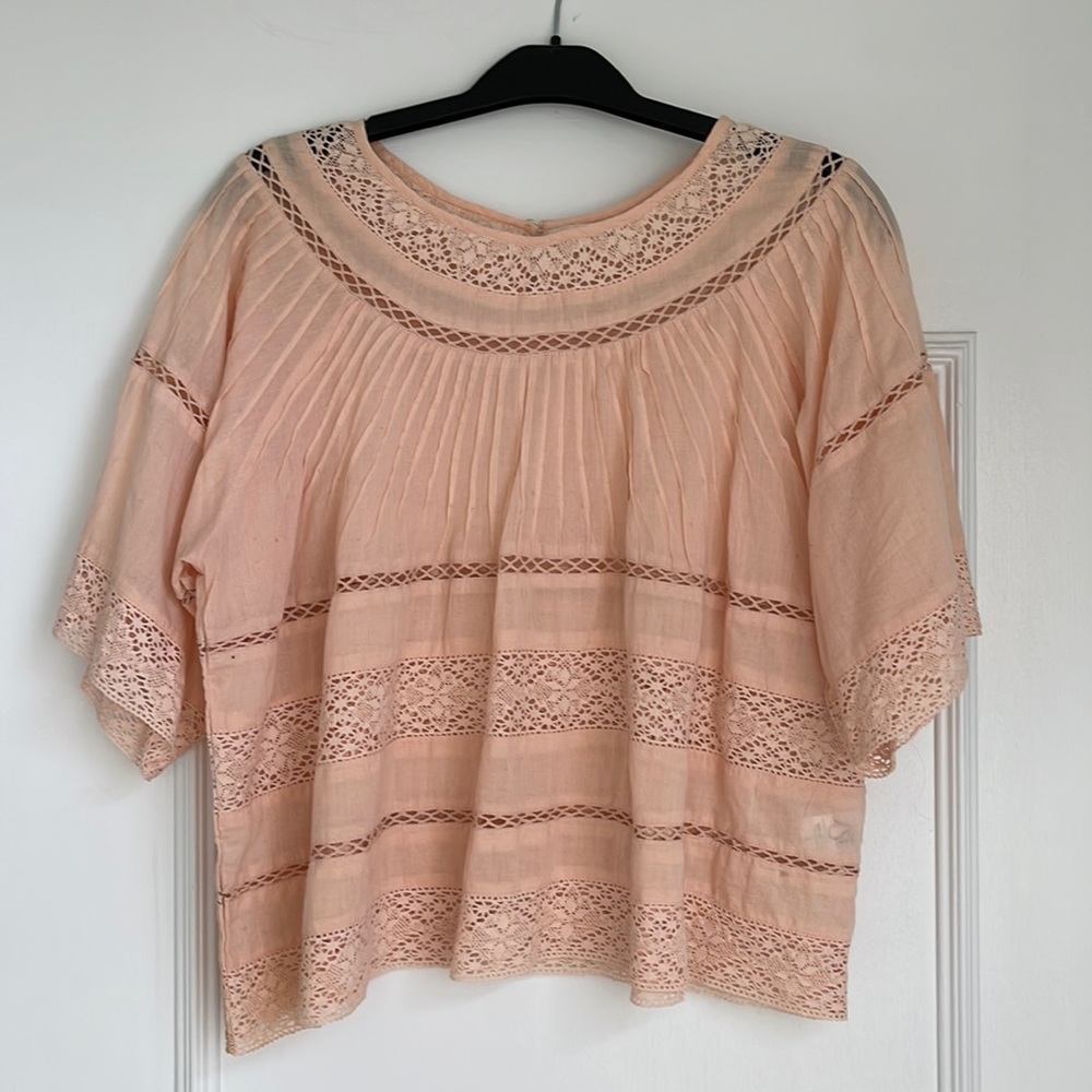 Love Shack Fancy Peach Blouse Pintucks Cotton Lace Size 2